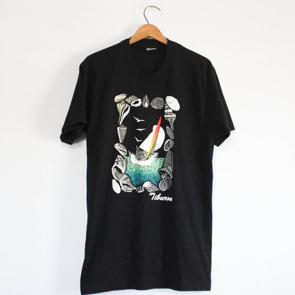 Vintage 80s Tiburon California Beach Sailing Black T-Shirt Large